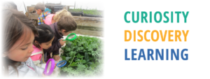 Text: Curiosity, discovery, learning. Image: Children gardening